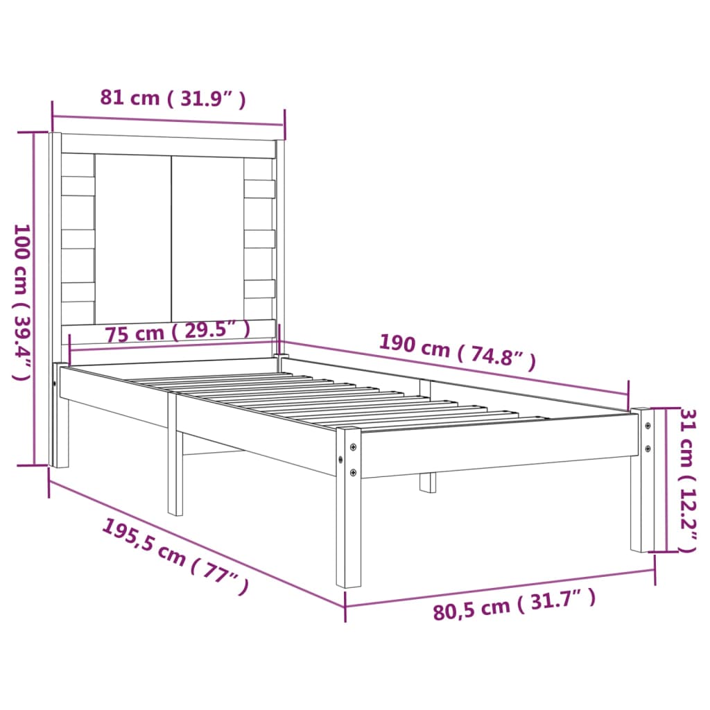 Bedframe Massief Hout Zwart 75X190 Cm 2Ft6 Small Single