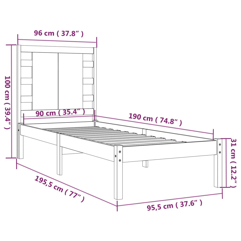 Bedframe Massief Hout Zwart 90X190 Cm 3Ft Single