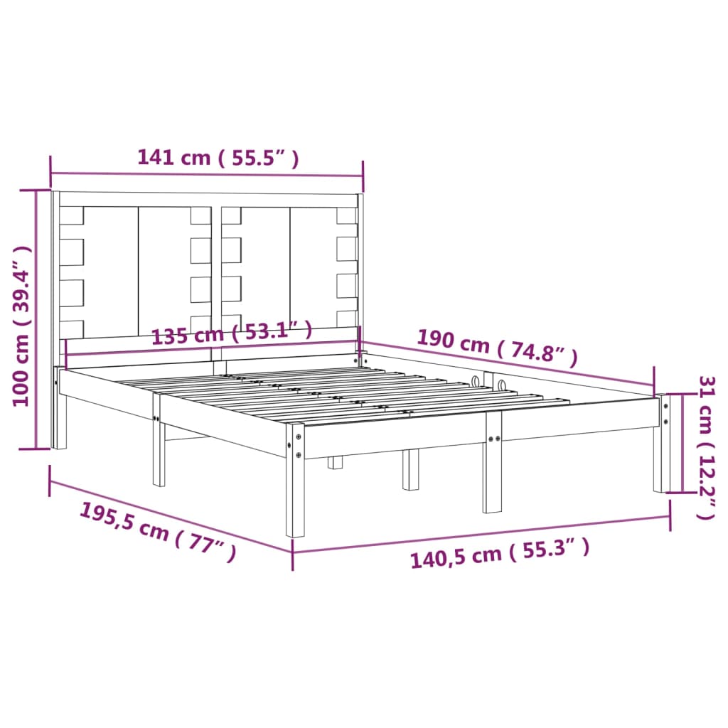 Bedframe Massief Hout Zwart 135X190 Cm 4Ft6 Double