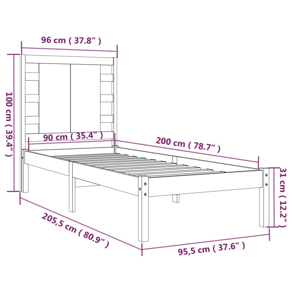Bedframe Massief Grenenhout Zwart 90X200 Cm