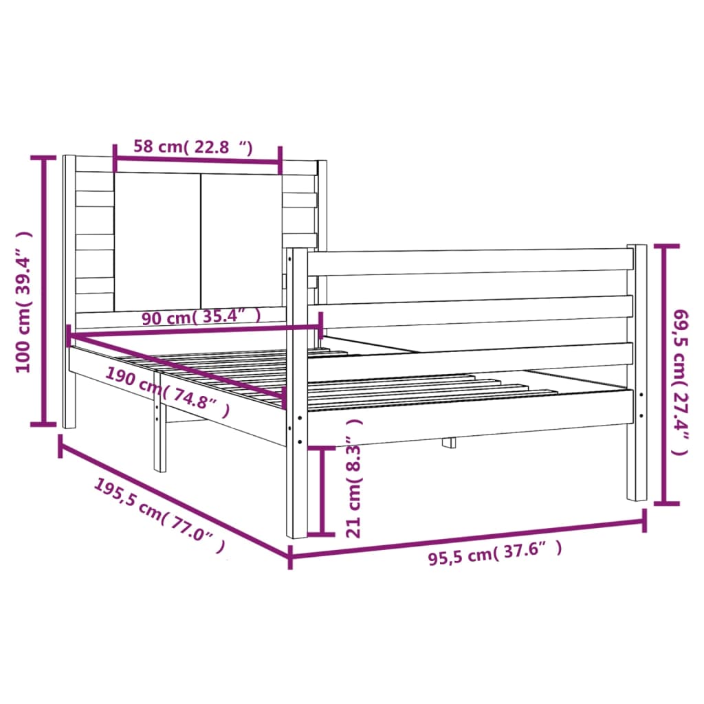 Bedframe Massief Grenenhout Zwart 90X190 Cm 3Ft Single