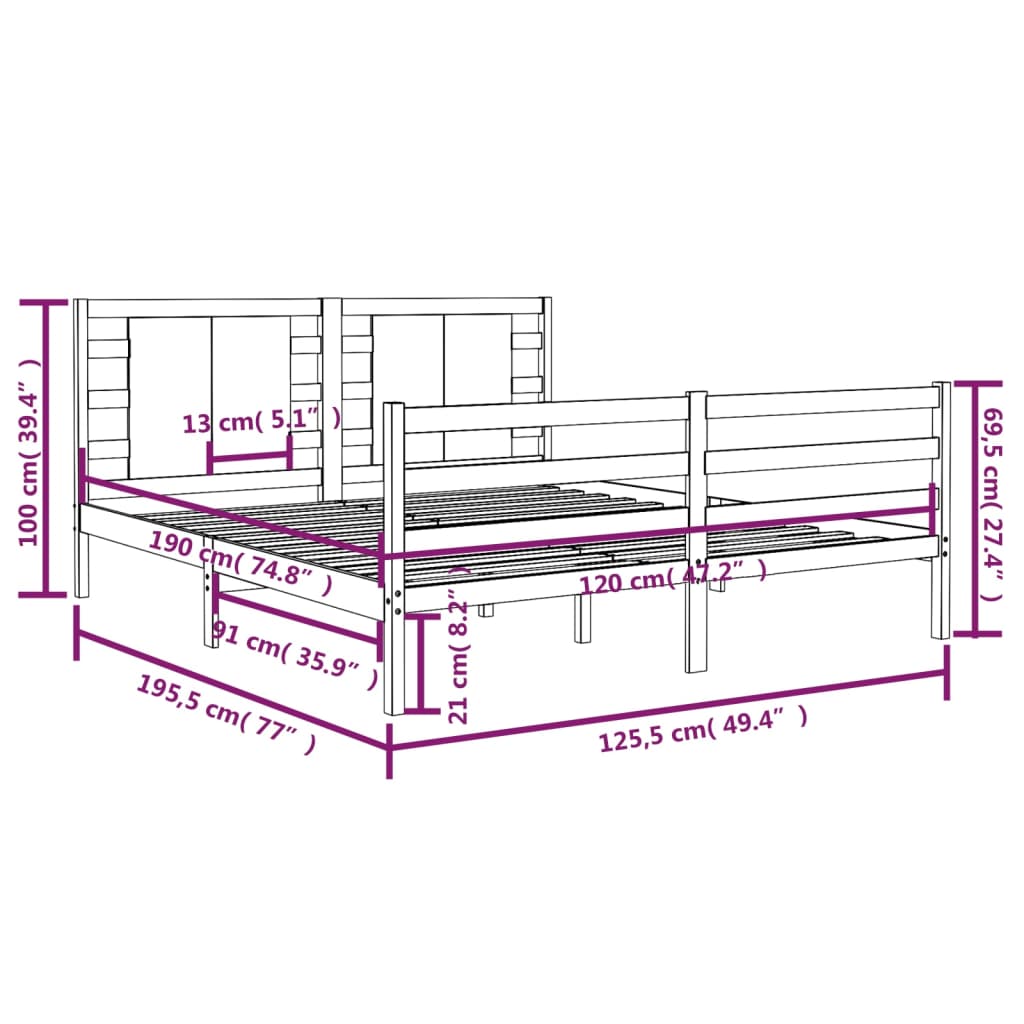 Bedframe Massief Grenenhout Zwart 120X190 Cm 4Ft Small Double