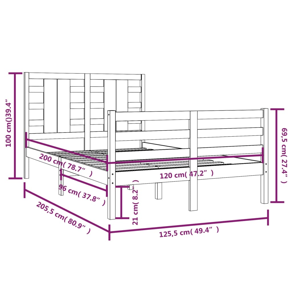 Bedframe Massief Grenenhout Grijs 120X200 Cm