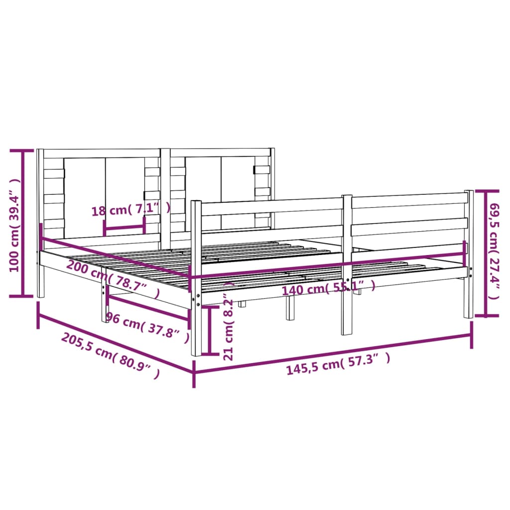 Bedframe Massief Grenenhout Zwart 140X200 Cm