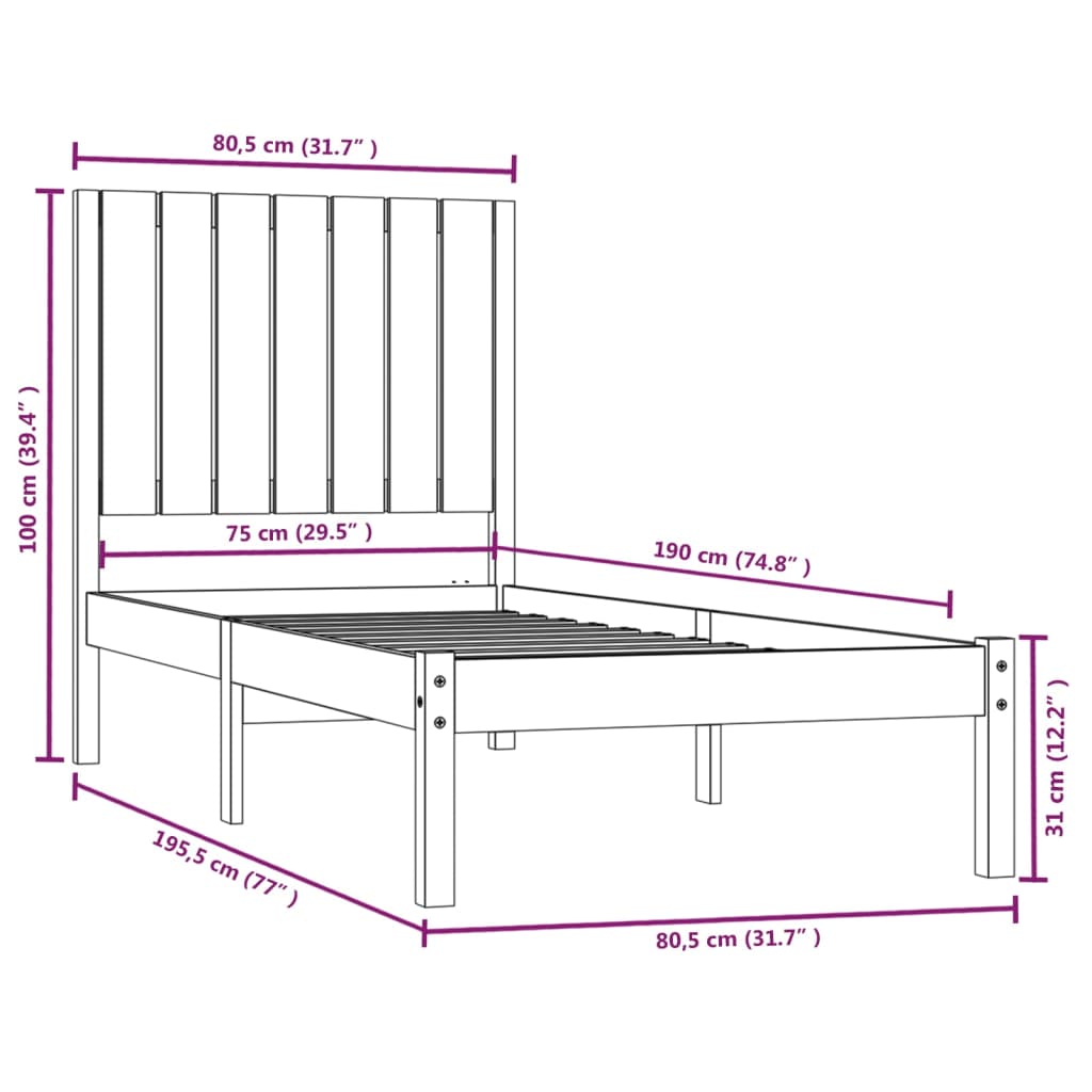 Bedframe Massief Hout Grijs 75X190 Cm 2Ft6 Small Single