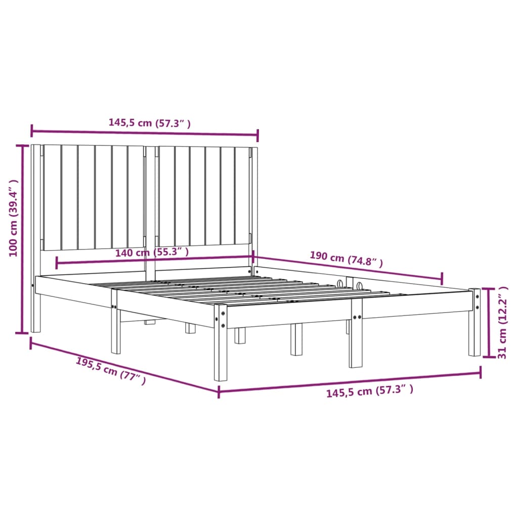 Bedframe Massief Grenenhout Wit 140X190 Cm
