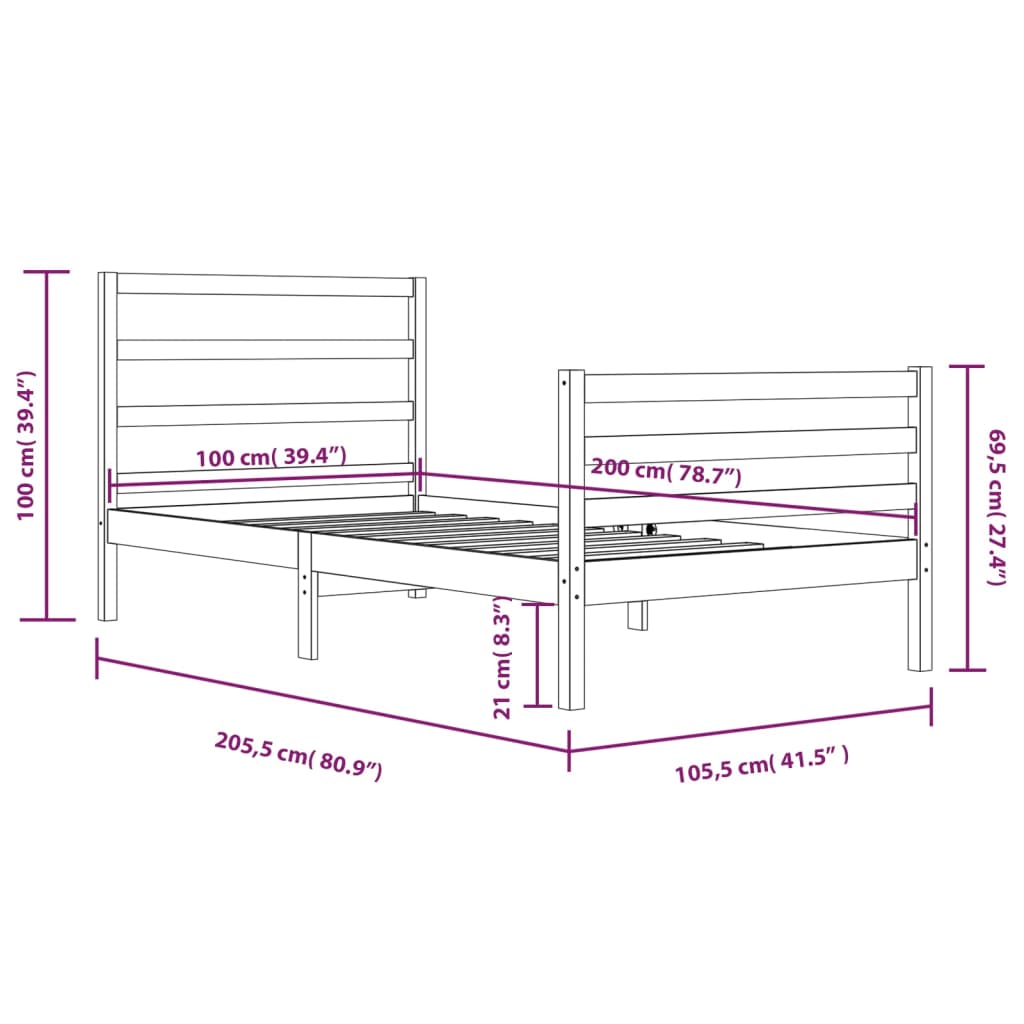 Bedframe Massief Grenenhout Zwart 100X200 Cm