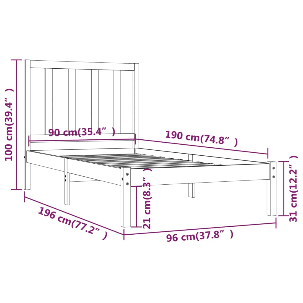 Bedframe Massief Grenenhout Honingbruin 90X190 Cm 3Ft Single