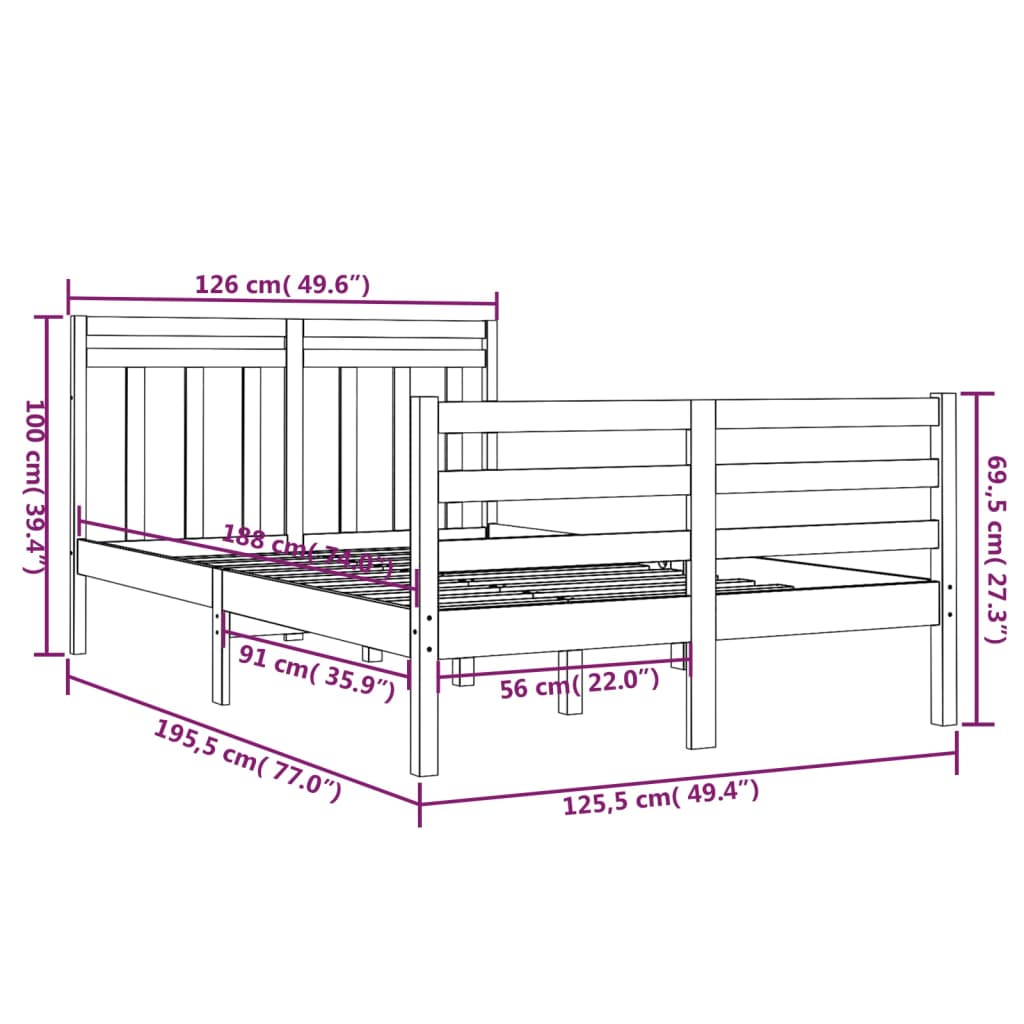 Bedframe Massief Hout Honingbruin 120X190 Cm 4Ft Small Double