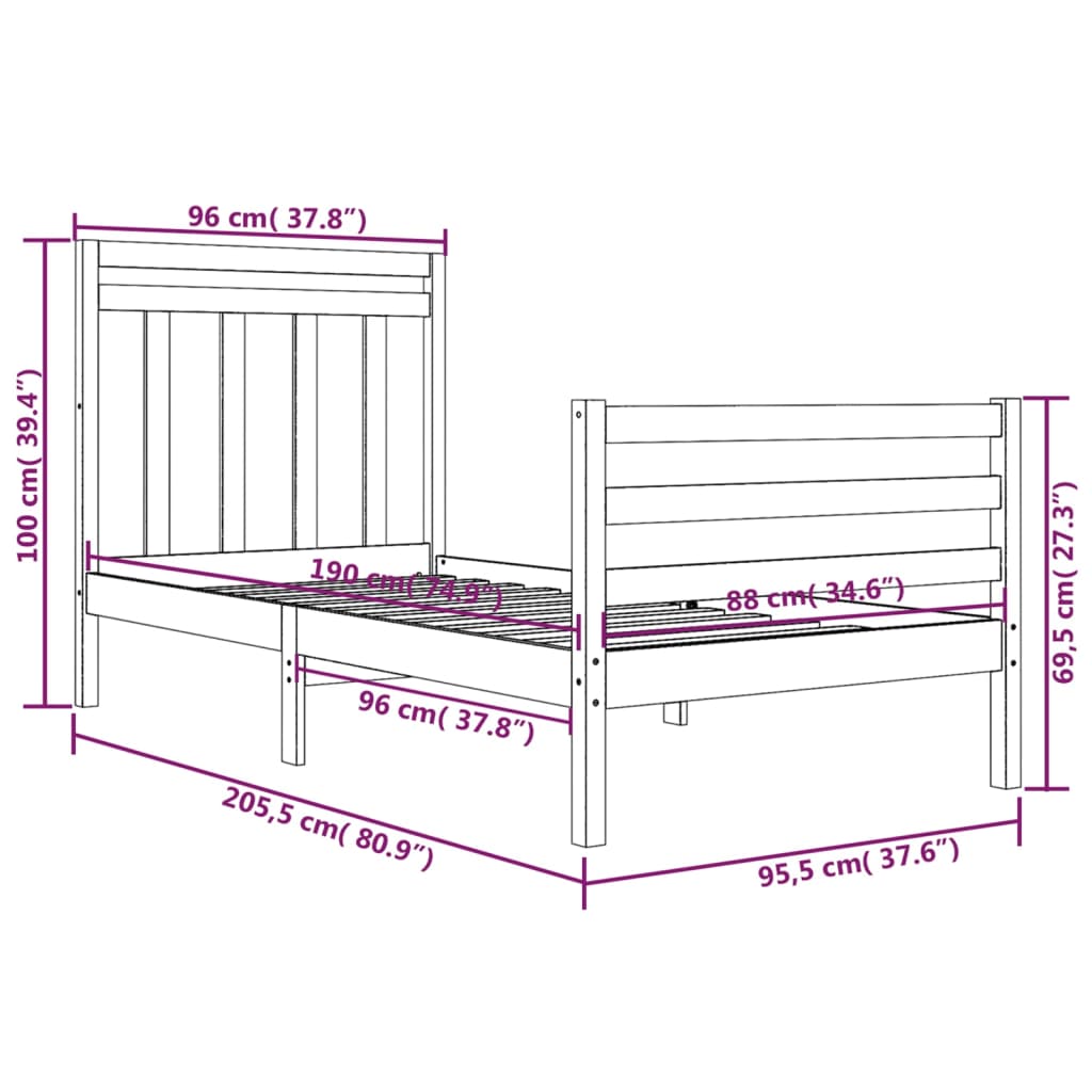 Bedframe Massief Hout Grijs 90X200 Cm