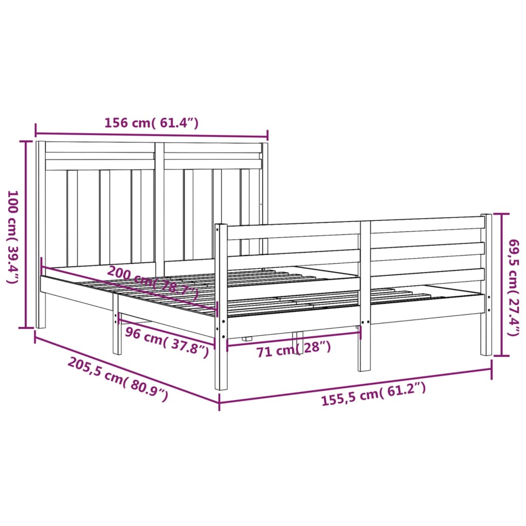 Bedframe Massief Hout Zwart 150X200 Cm 5Ft King Size