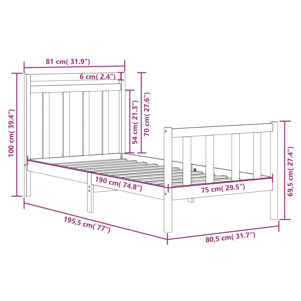 Bedframe Massief Hout Zwart 75X190 Cm 2Ft6 Small Single
