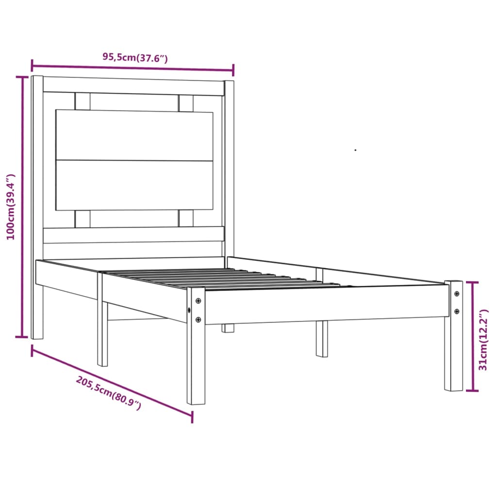Bedframe Massief Hout Zwart 90X200 Cm