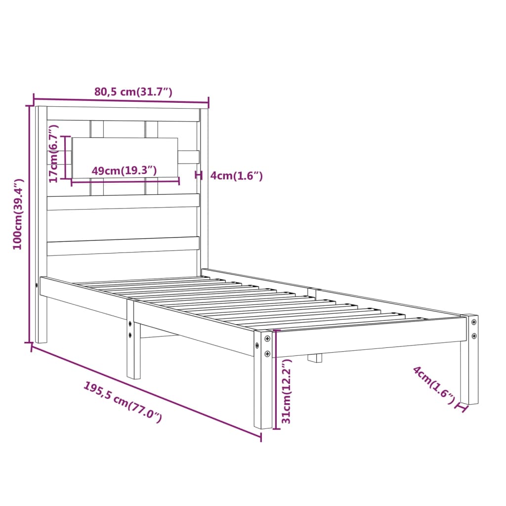 Bedframe Massief Hout Wit 75X190 Cm 2Ft6 Small Single