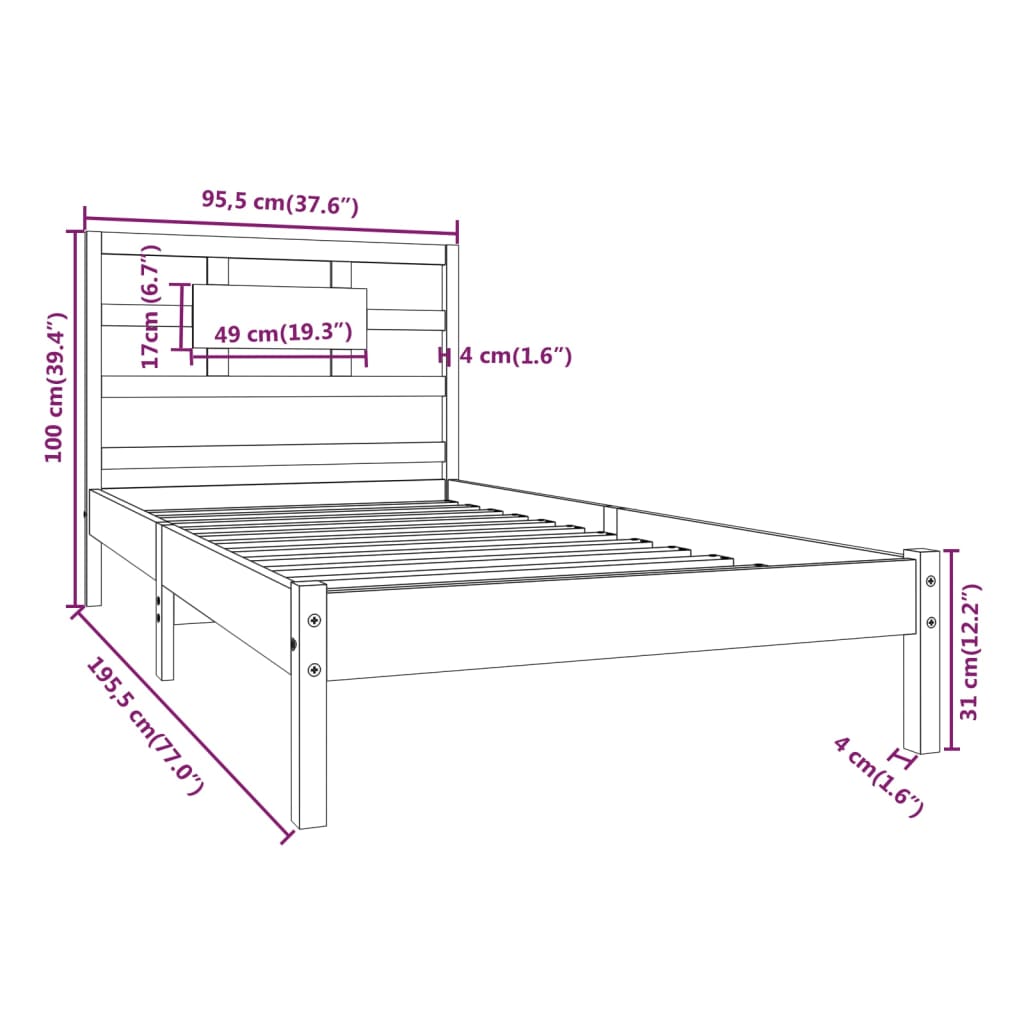 Bedframe Massief Hout Grijs 90X190 Cm 3Ft Single