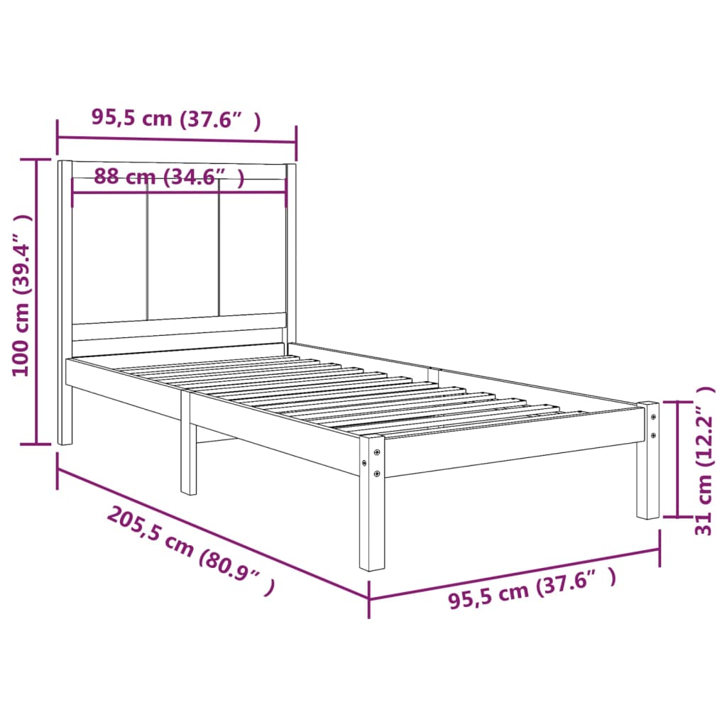Bedframe Massief Grenenhout Zwart 90X200 Cm