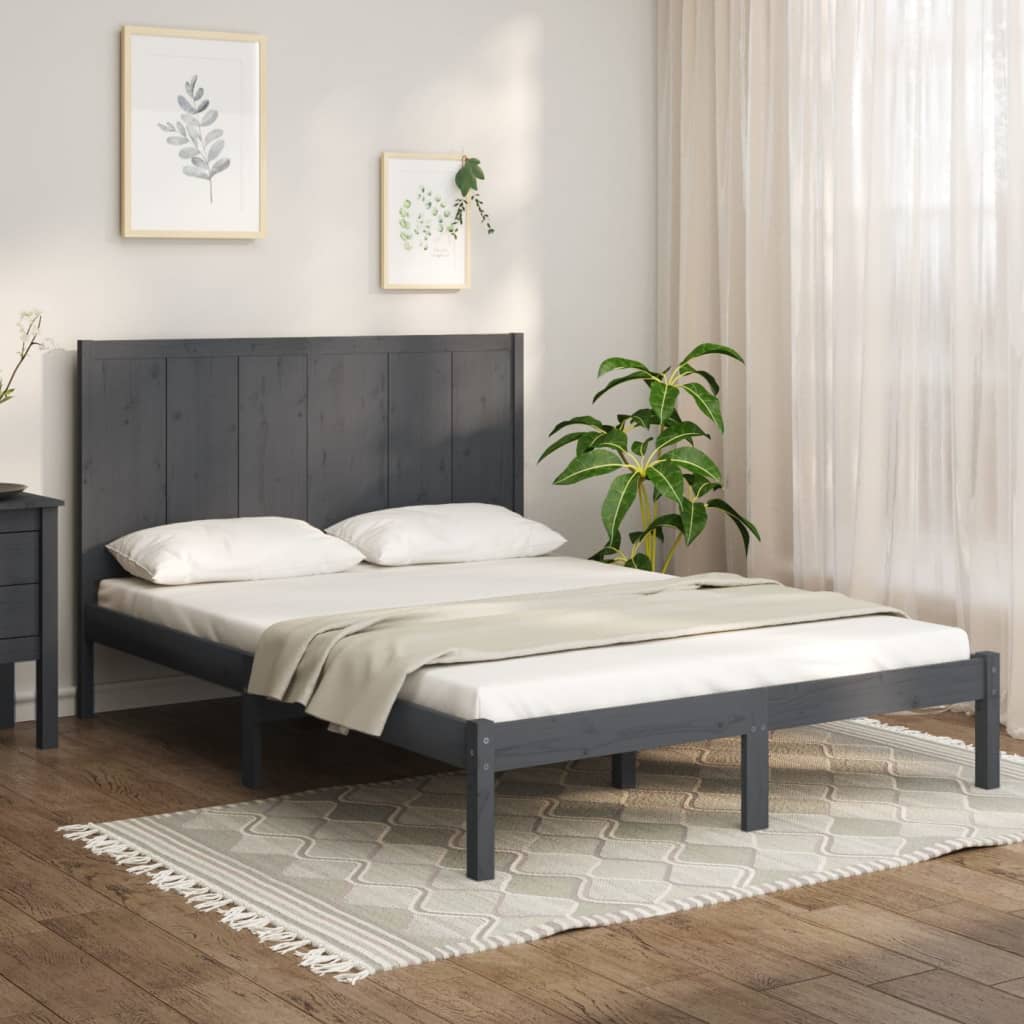 Bedframe Massief Grenenhout Grijs 150X200 Cm 5Ft King Size