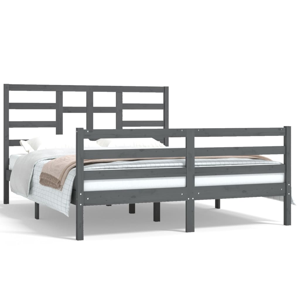 Bedframe Massief Hout Grijs 150X200 Cm 5Ft King Size