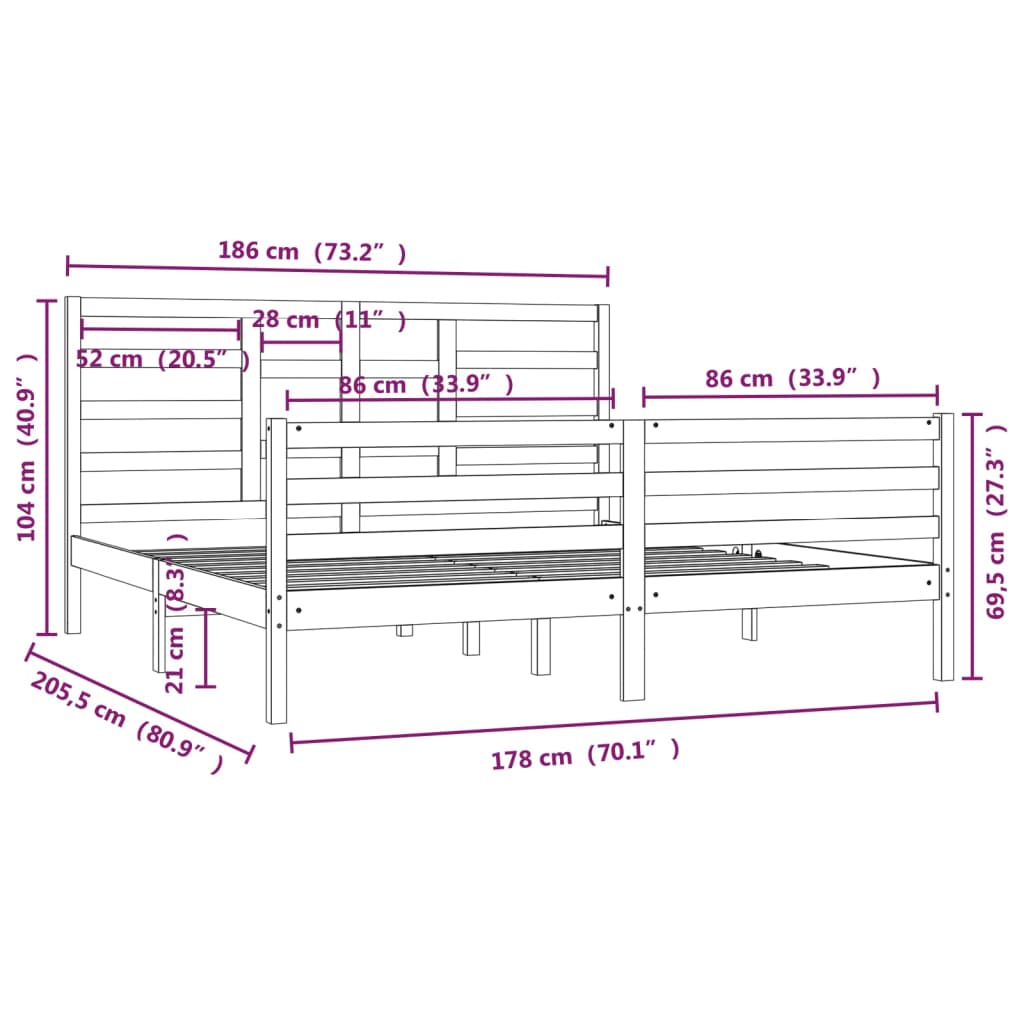 Bedframe Massief Hout Grijs 180X200 Cm 6Ft Super King