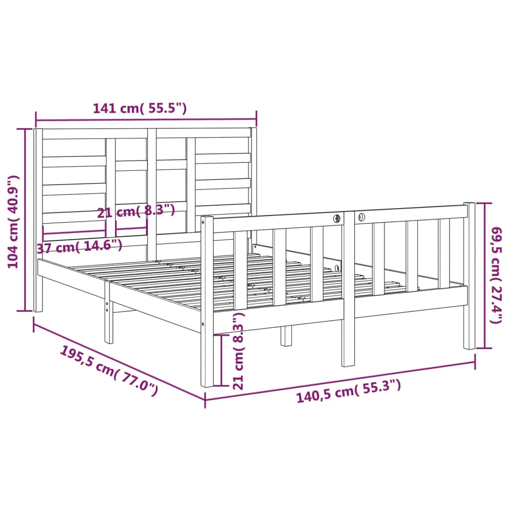 Bedframe Massief Hout Grijs 135X190 Cm 4Ft6 Double