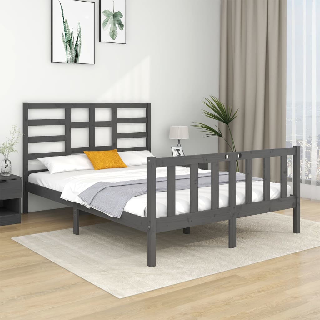 Bedframe Massief Hout Grijs 135X190 Cm 4Ft6 Double