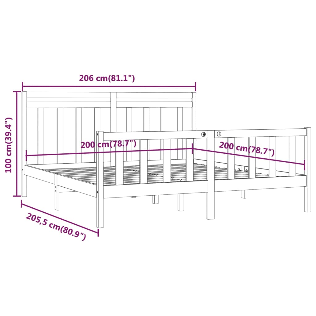 Bedframe Massief Grenenhout Zwart 200X200 Cm