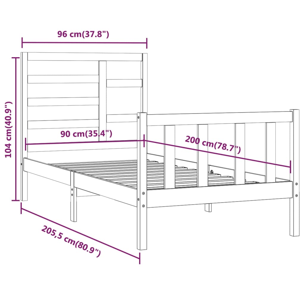 Bedframe Massief Hout Zwart 90X200 Cm