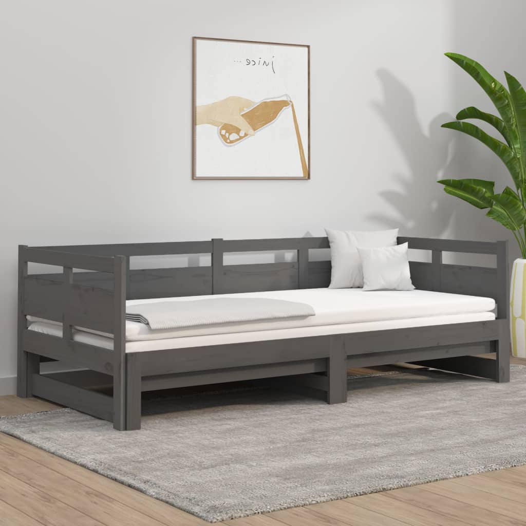 Slaapbank Uitschuifbaar Massief Grenenhout Grijs 2X(90X190) Cm