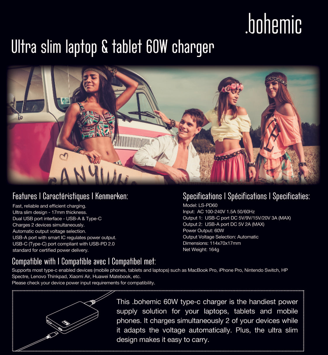 .Bohemic Bohemic Boh7382: Ultraslanke Laptop- En Tabletoplader Van 60 W