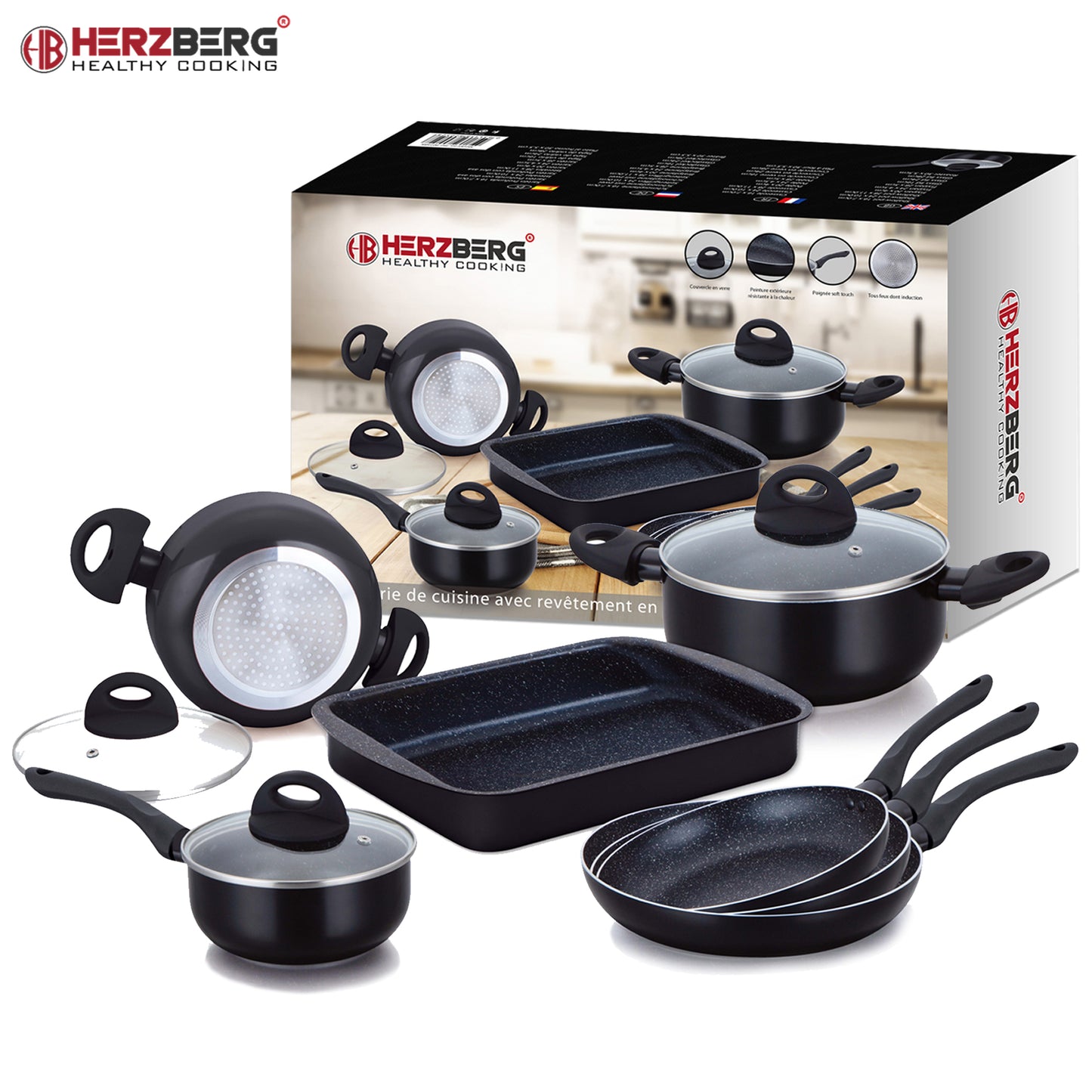 Herzberg Cooking Herzberg 10 Stuks Marmer Gecoate Pannenset - Zwart