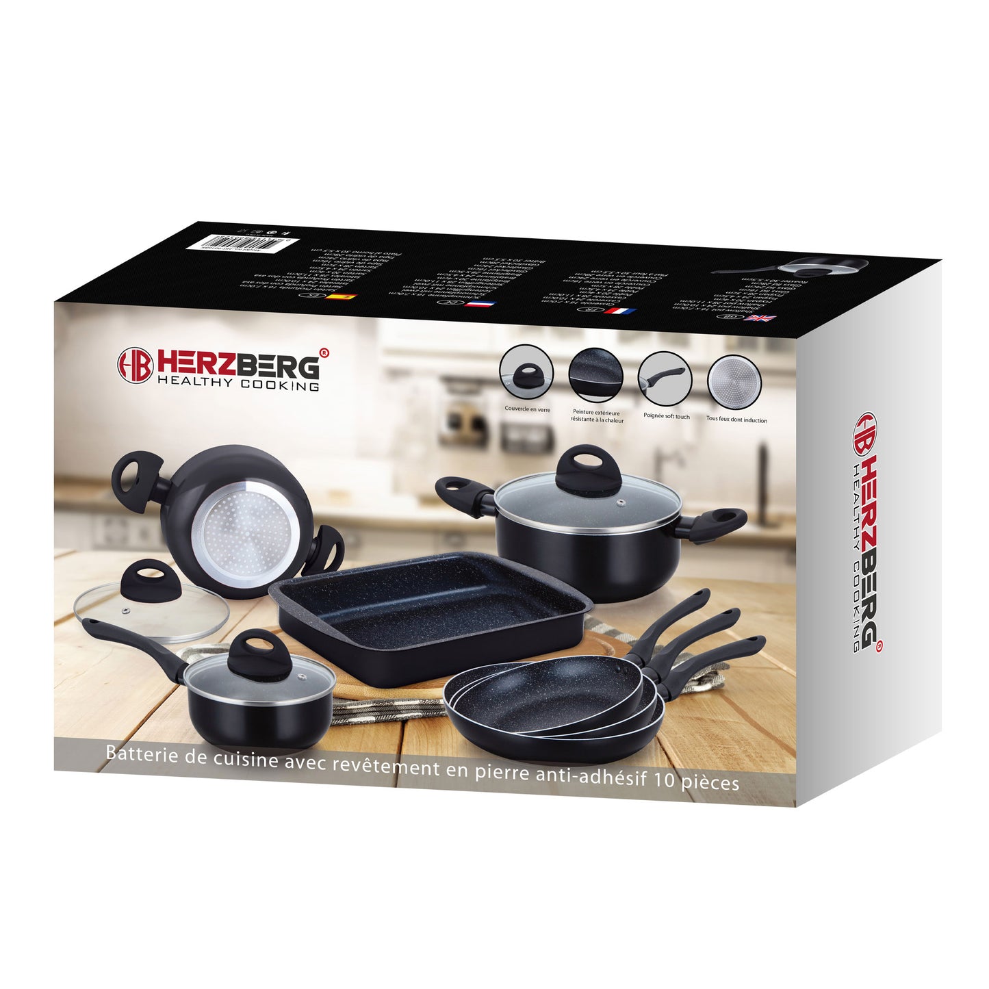 Herzberg Cooking Herzberg 10 Stuks Marmer Gecoate Pannenset - Zwart