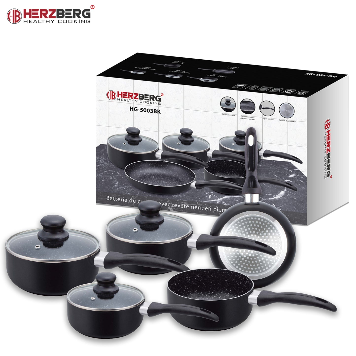 Herzberg Cooking Herzberg Hg-5003Bk: 8 Delige Marmeren Pannenset - Zwart