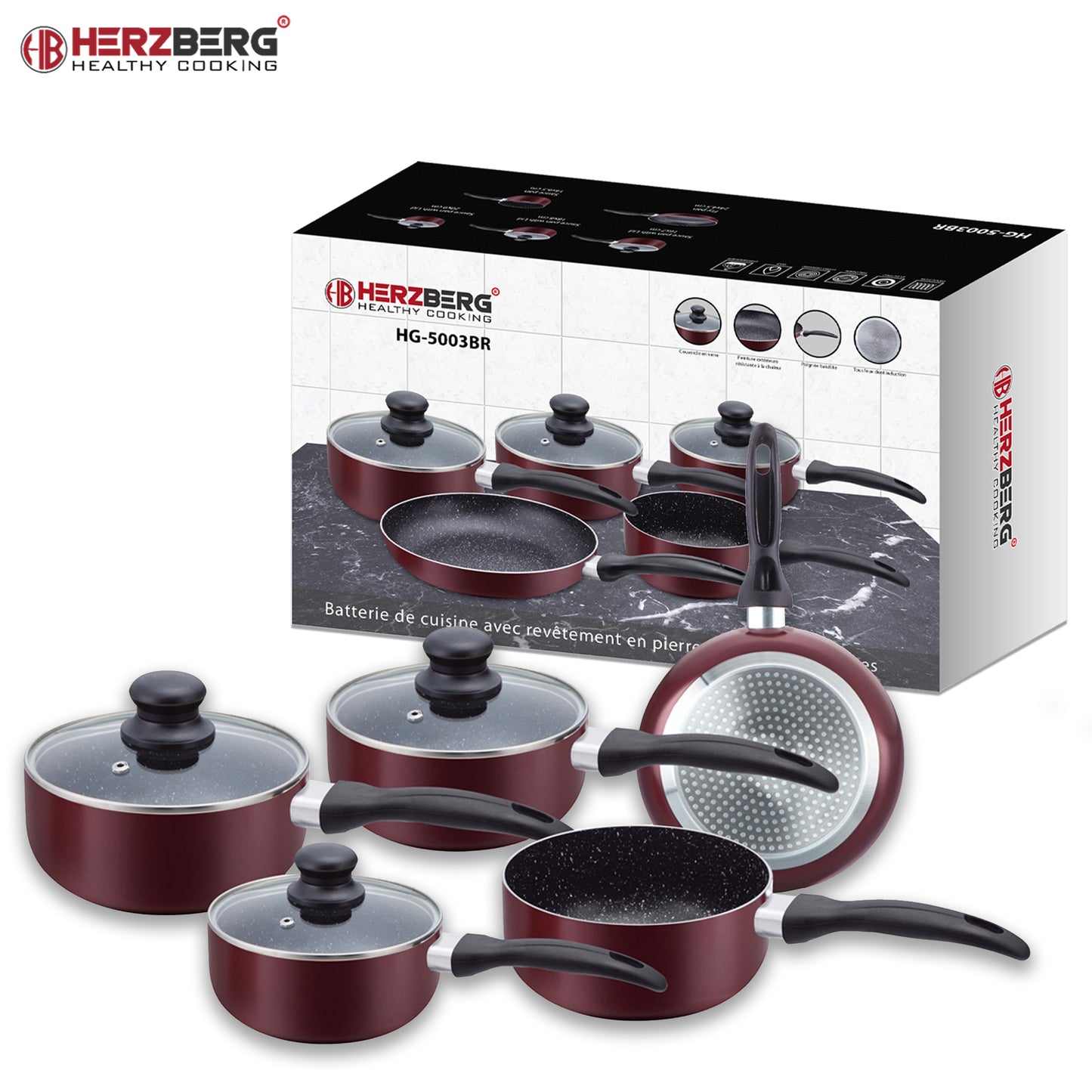 Herzberg Cooking Herzberg Hg-5003Br: 8 Delige Marmeren Pannenset - Bourgondië