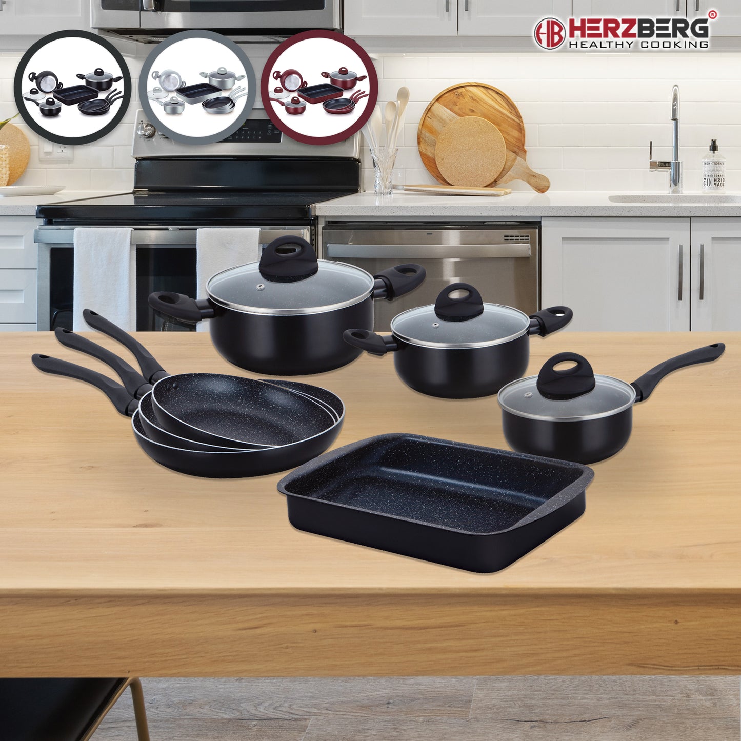 Herzberg Cooking Herzberg Hg-9016Br: 10 Stuks Marmer Gecoate Pannenset - Bourgondië