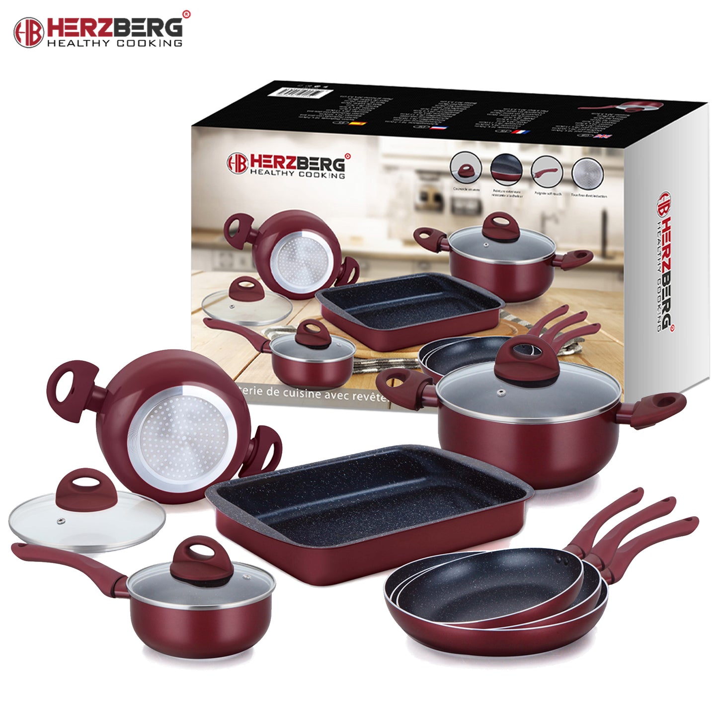 Herzberg Cooking Herzberg Hg-9016Br: 10 Stuks Marmer Gecoate Pannenset - Bourgondië